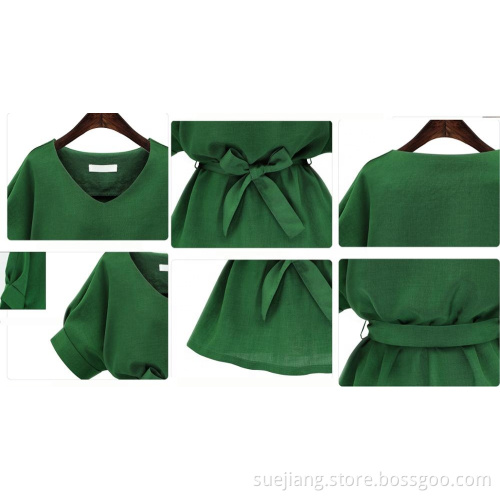 Women's V-Neckline Self Tie Short Sleeve Blouse